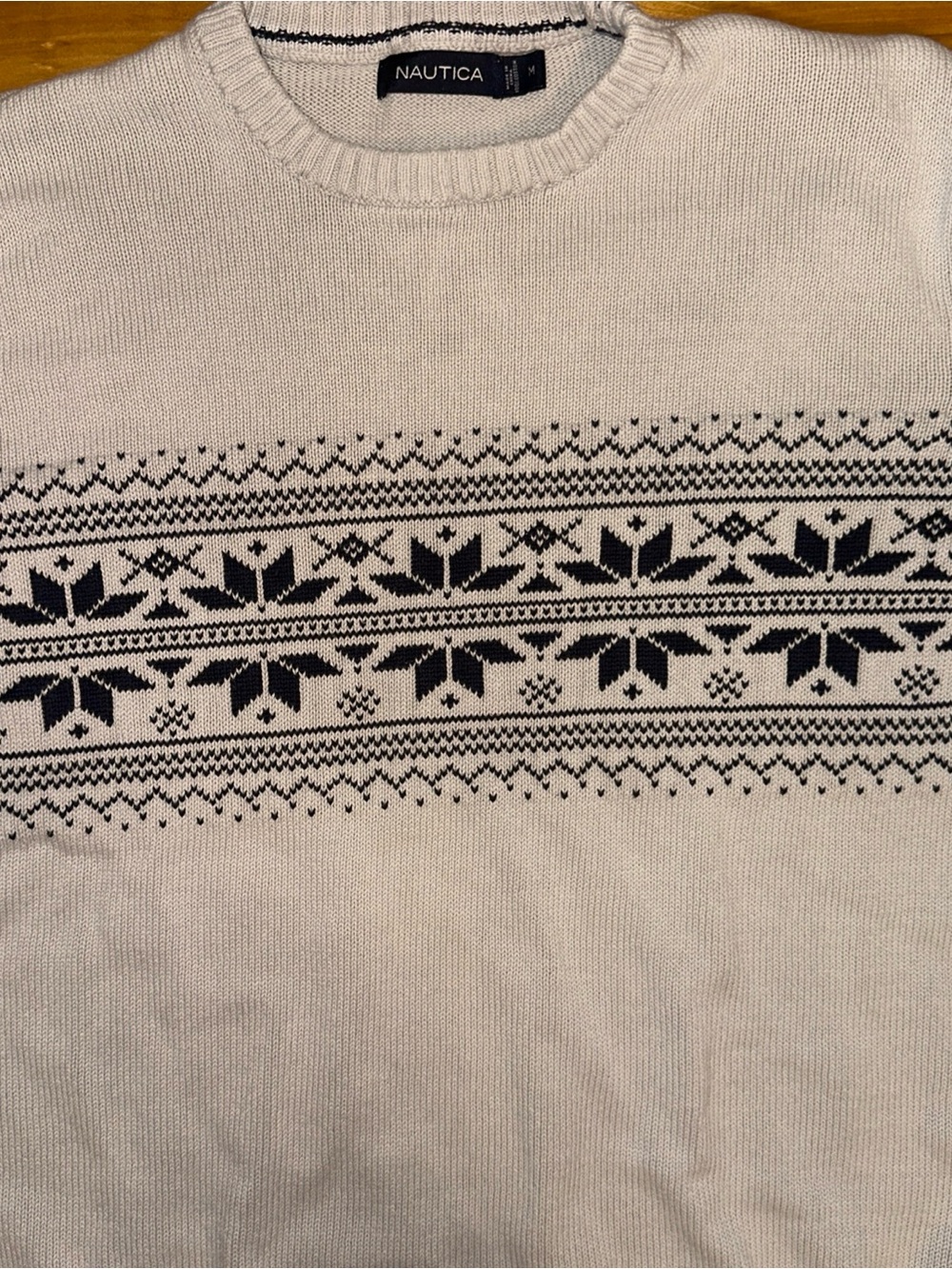 Nautica Mens M Fair Isle Sweater Gray Black 100% Cotton Nordic Crewneck - Picture 3 of 8